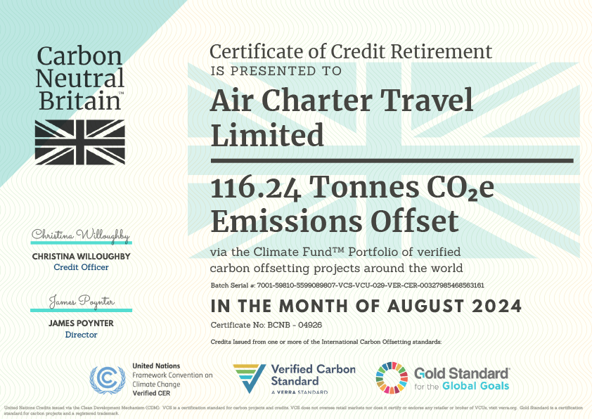 Carbon Offset Certification - Air Charter Travel Limited